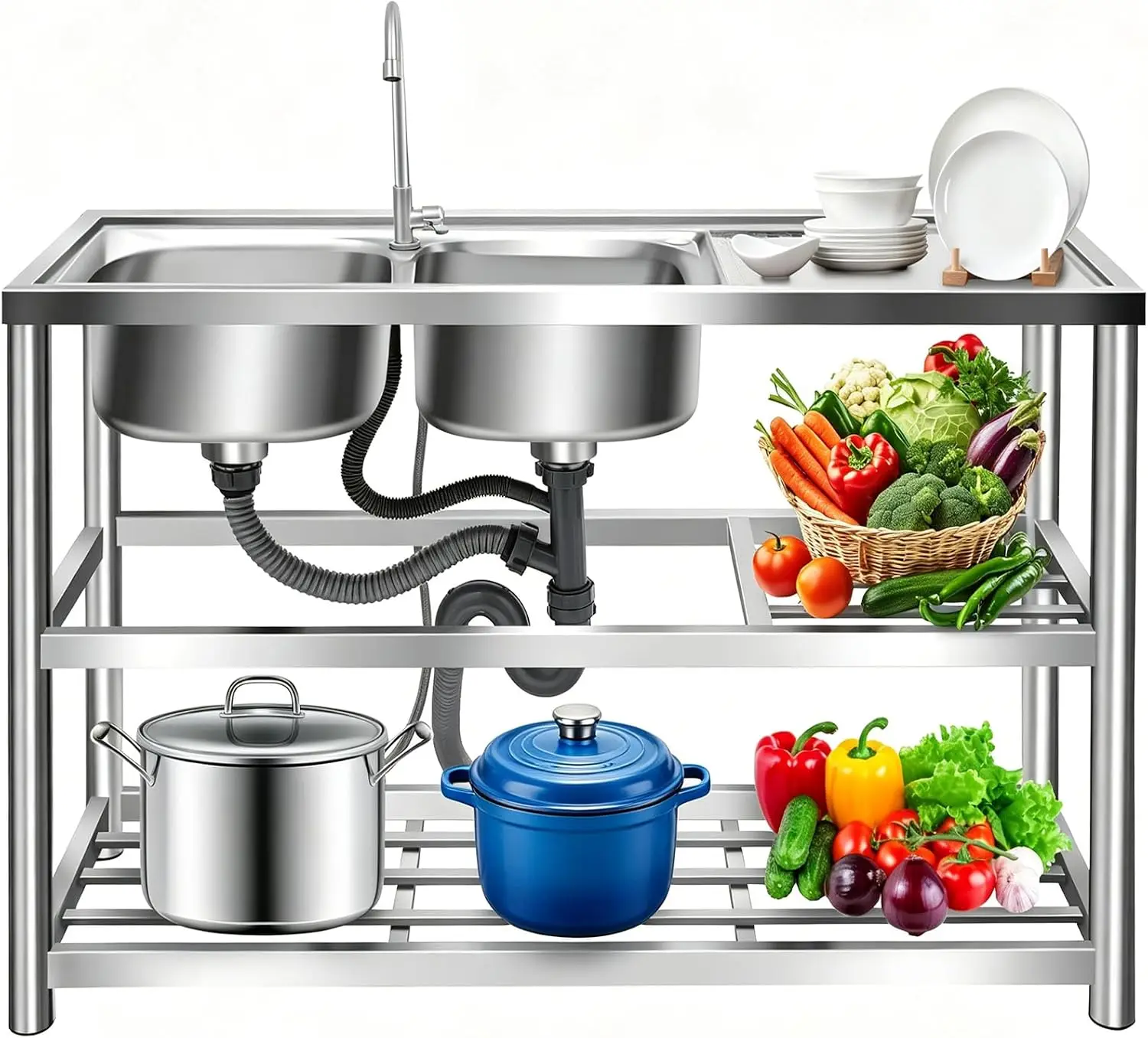 주방용 독립형 준비 싱크대, 2구 싱크대, 3단 15. - Commercial Kitchen Worktops 리뷰 및 가격